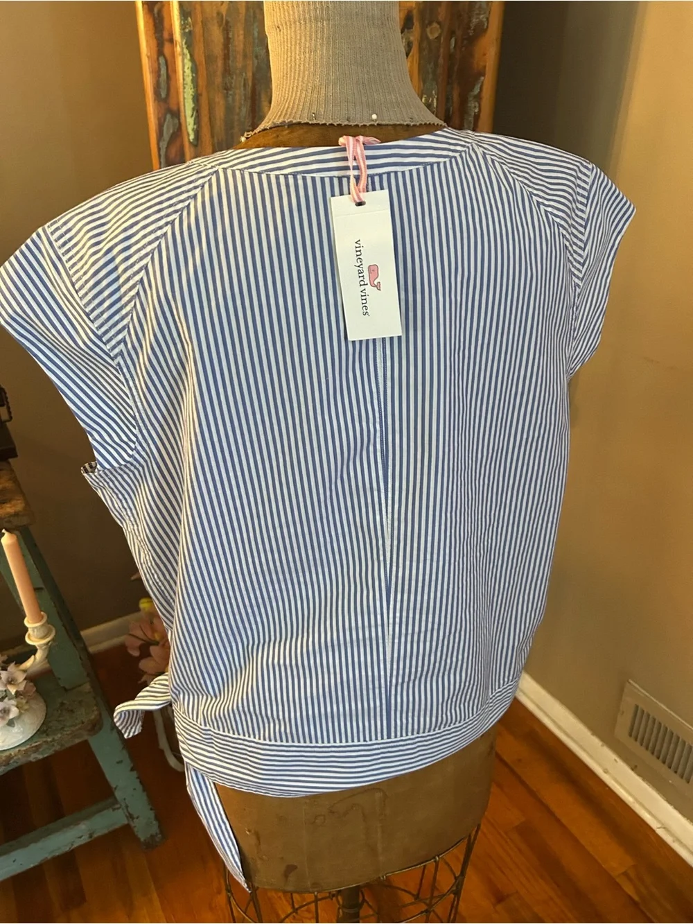 Vineyard Vines MarlinStriped Cap-Sleeve Tie-Hem Top - Blue/White | Size 14 - New